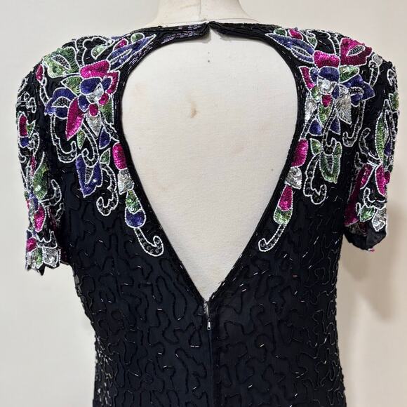 Vintage Black Sequin Beaded Cocktail Dress Floral Short Sleeve 80s/90s Glam Lg - Picture 8 of 11